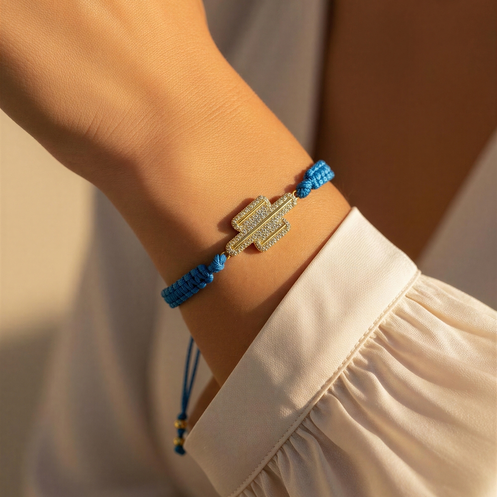 Gold & Blue Micro Pave CACTUS Cord Bracelet